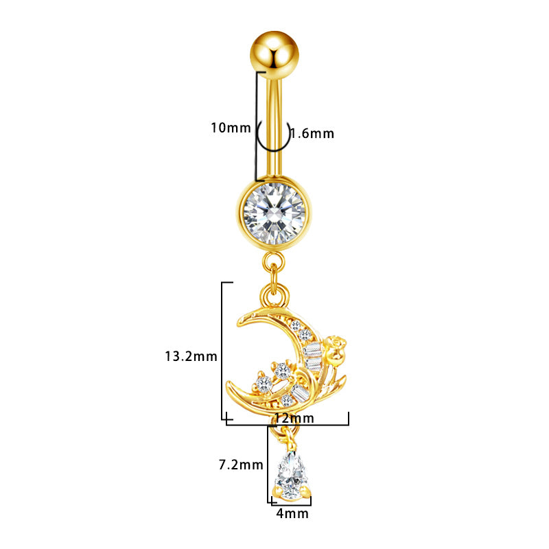 Three-dimensional Moon Copper Belly Ring With Electroplated Platinum Plated Finish And Zircon Inlay
