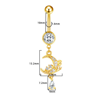 Three-dimensional Moon Copper Belly Ring With Electroplated Platinum Plated Finish And Zircon Inlay