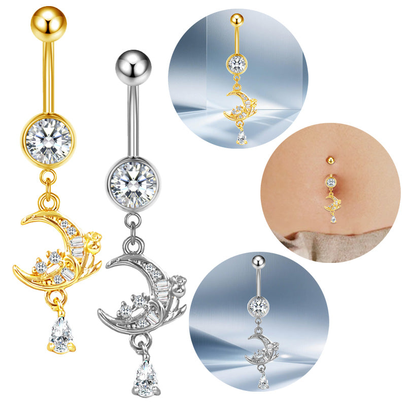 Three-dimensional Moon Copper Belly Ring With Electroplated Platinum Plated Finish And Zircon Inlay