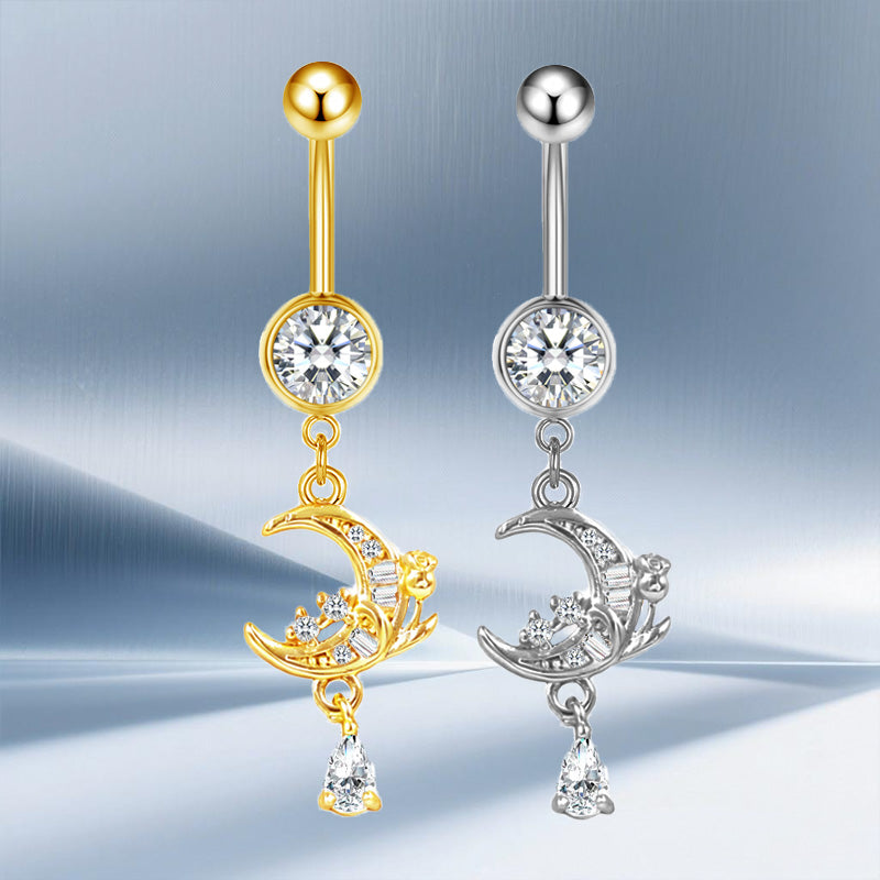 Three-dimensional Moon Copper Belly Ring With Electroplated Platinum Plated Finish And Zircon Inlay