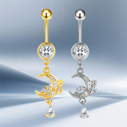 Three-dimensional Moon Copper Belly Ring With Electroplated Platinum Plated Finish And Zircon Inlay