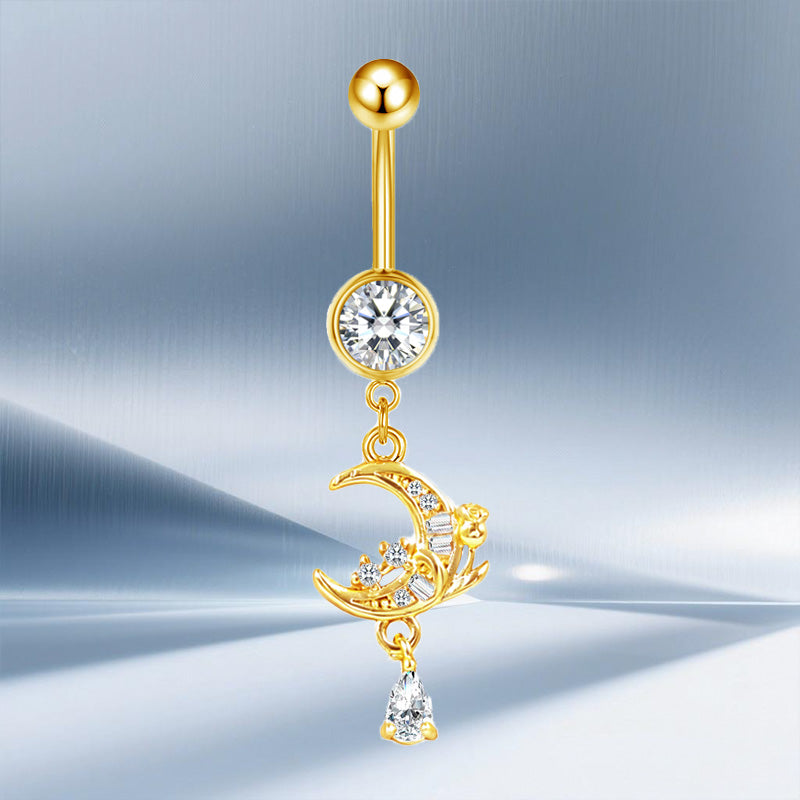 Three-dimensional Moon Copper Belly Ring With Electroplated Platinum Plated Finish And Zircon Inlay