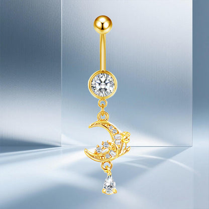 Three-dimensional Moon Copper Belly Ring With Electroplated Platinum Plated Finish And Zircon Inlay