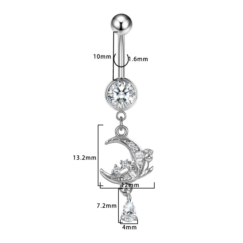 Three-dimensional Moon Copper Belly Ring With Electroplated Platinum Plated Finish And Zircon Inlay