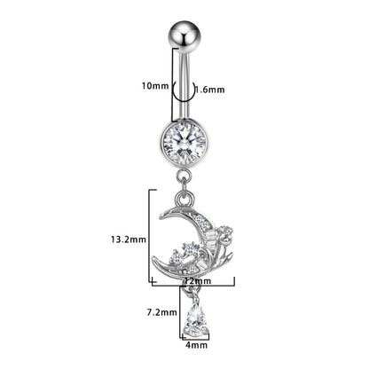 Three-dimensional Moon Copper Belly Ring With Electroplated Platinum Plated Finish And Zircon Inlay
