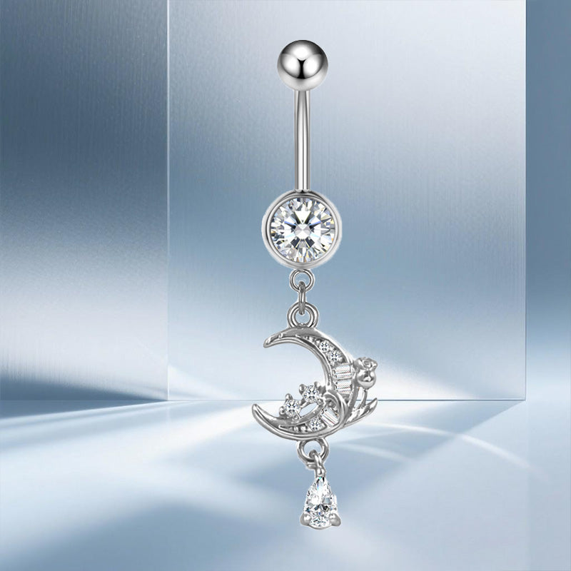 Three-dimensional Moon Copper Belly Ring With Electroplated Platinum Plated Finish And Zircon Inlay