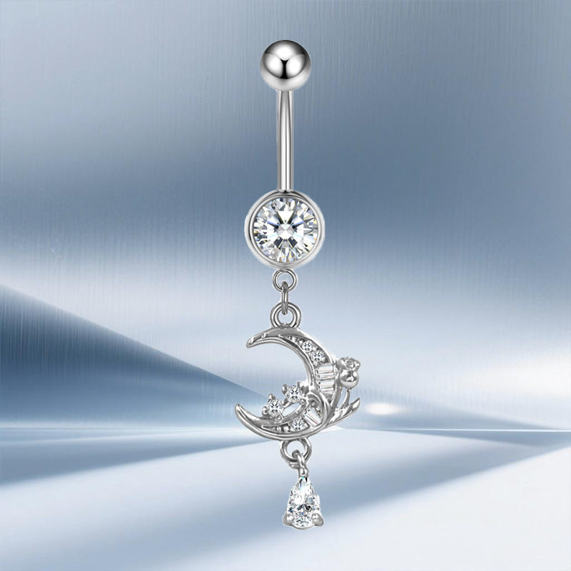 Three-dimensional Moon Copper Belly Ring With Electroplated Platinum Plated Finish And Zircon Inlay