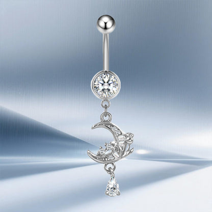 Three-dimensional Moon Copper Belly Ring With Electroplated Platinum Plated Finish And Zircon Inlay