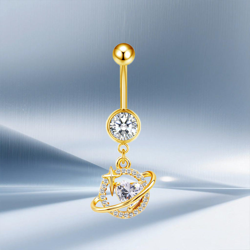 Three-dimensional Moon Copper Belly Ring With Electroplated Platinum Plated Finish And Zircon Inlay