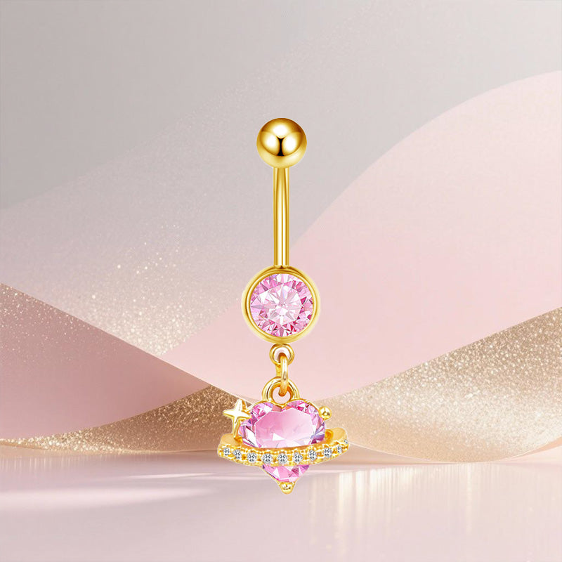 Three-dimensional Moon Copper Belly Ring With Electroplated Platinum Plated Finish And Zircon Inlay