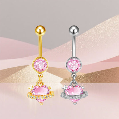Three-dimensional Moon Copper Belly Ring With Electroplated Platinum Plated Finish And Zircon Inlay