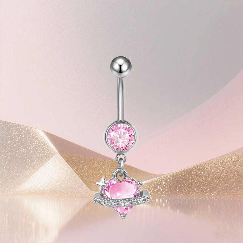Three-dimensional Moon Copper Belly Ring With Electroplated Platinum Plated Finish And Zircon Inlay