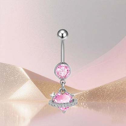 Three-dimensional Moon Copper Belly Ring With Electroplated Platinum Plated Finish And Zircon Inlay