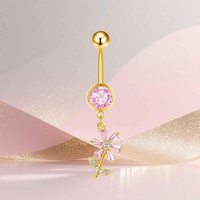 Three-dimensional Moon Copper Belly Ring With Electroplated Platinum Plated Finish And Zircon Inlay