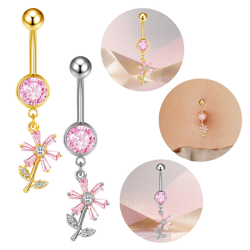 Three-dimensional Moon Copper Belly Ring With Electroplated Platinum Plated Finish And Zircon Inlay