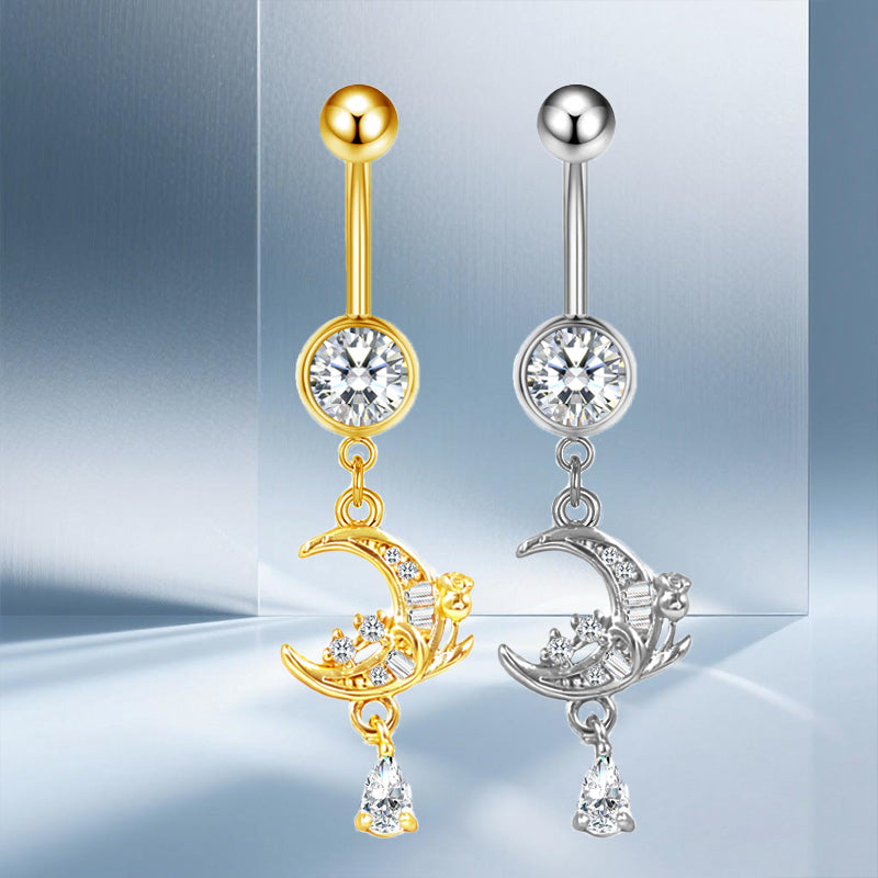 Three-dimensional Moon Copper Belly Ring With Electroplated Platinum Plated Finish And Zircon Inlay