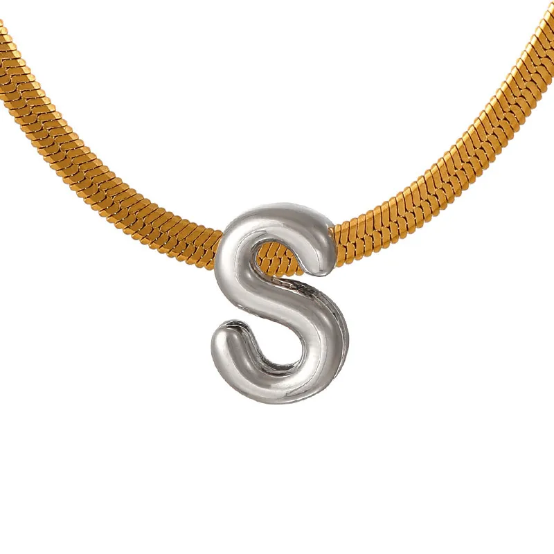 Suitable For 304 Stainless Steel Letter Beaded Necklace With 18k Real Gold Electroplated Snake Chain, Unisex