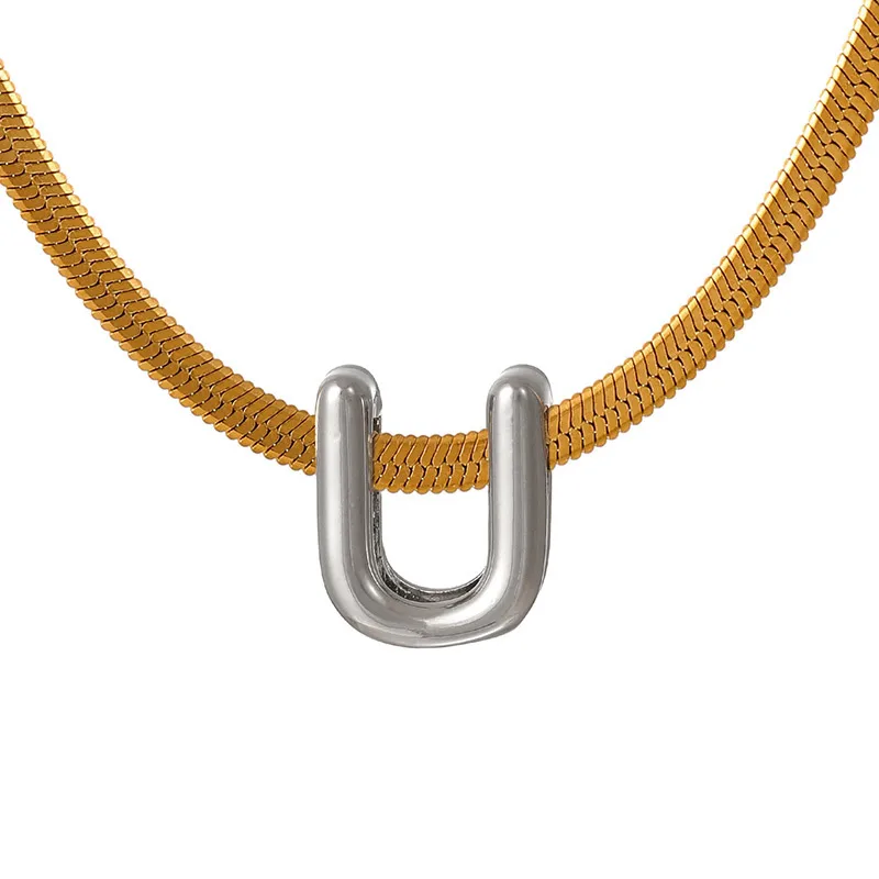 Suitable For 304 Stainless Steel Letter Beaded Necklace With 18k Real Gold Electroplated Snake Chain, Unisex