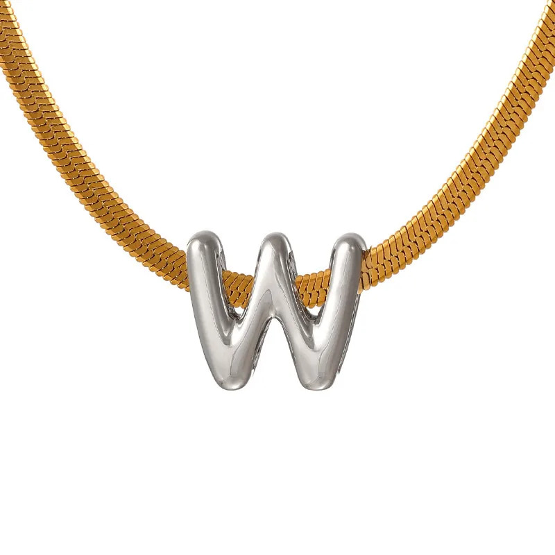 Suitable For 304 Stainless Steel Letter Beaded Necklace With 18k Real Gold Electroplated Snake Chain, Unisex