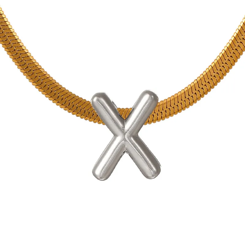 Suitable For 304 Stainless Steel Letter Beaded Necklace With 18k Real Gold Electroplated Snake Chain, Unisex