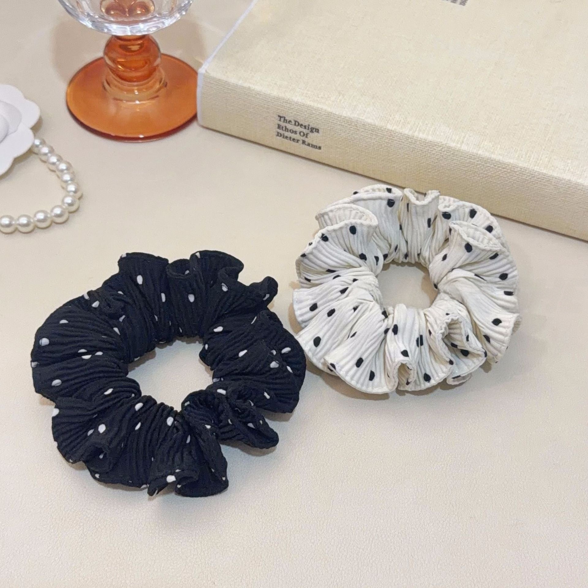 Polka Dots Chiffon Hair Scrunchie In White, Soft And Lightweight Accessory For Everyday Wear