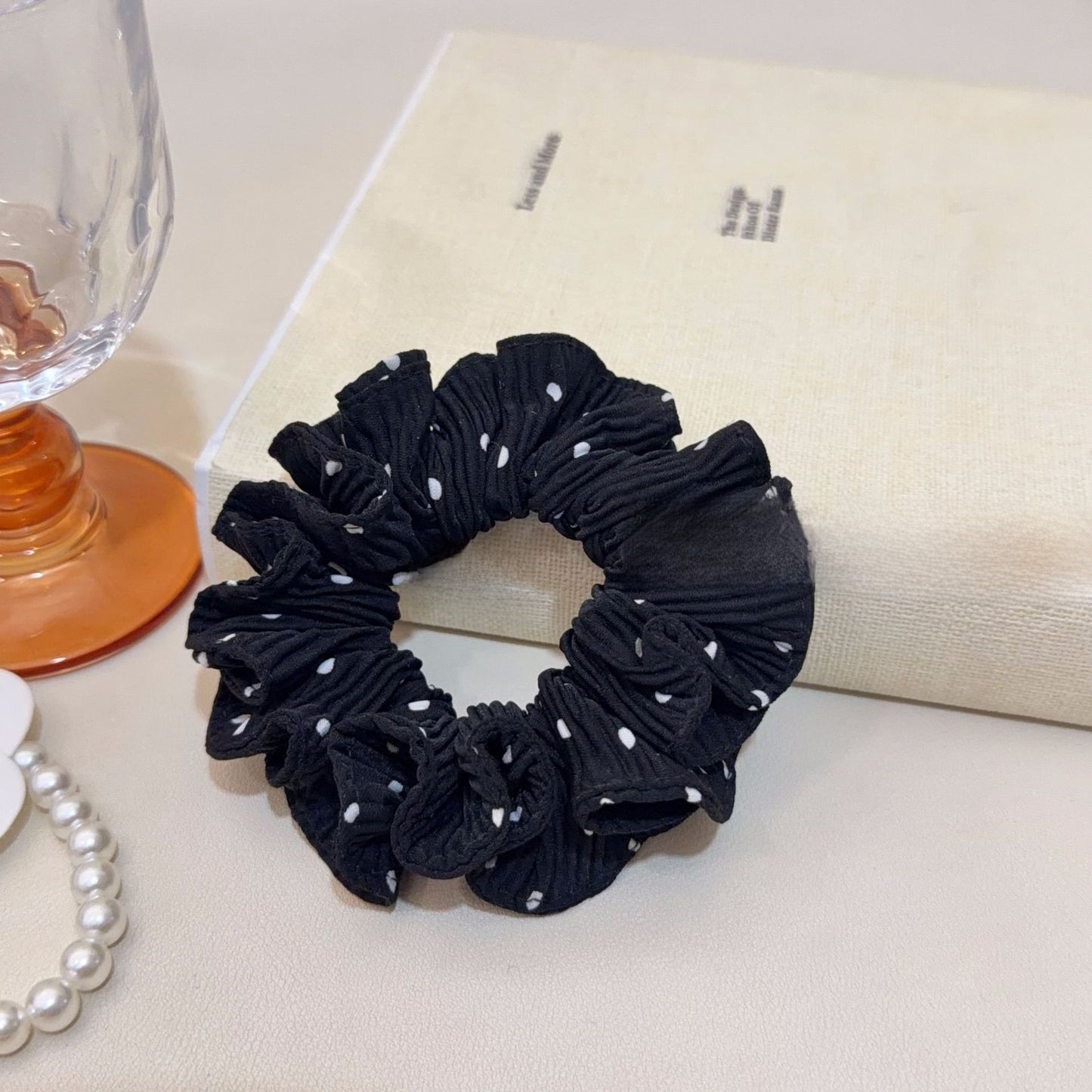 Polka Dots Chiffon Hair Scrunchie In White, Soft And Lightweight Accessory For Everyday Wear