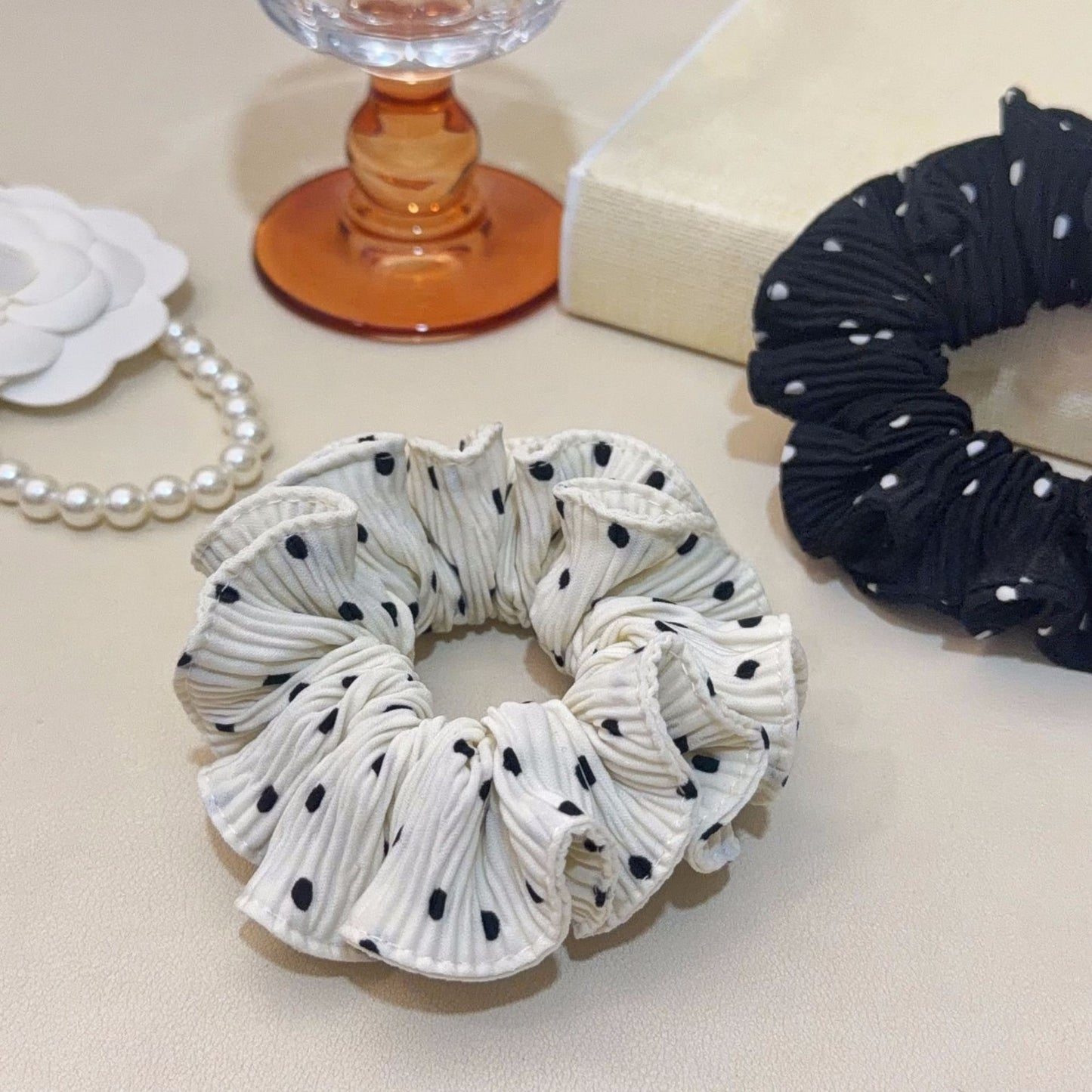 Polka Dots Chiffon Hair Scrunchie In White, Soft And Lightweight Accessory For Everyday Wear