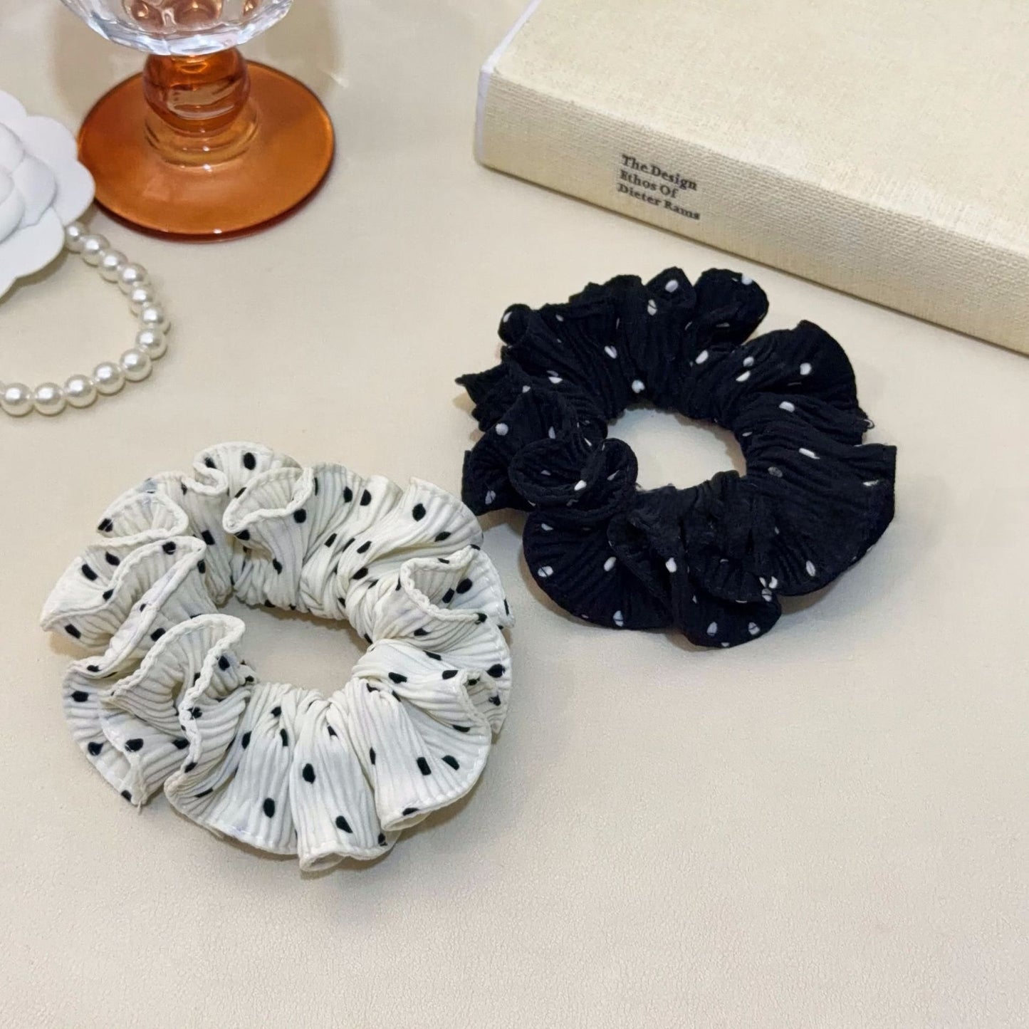 Polka Dots Chiffon Hair Scrunchie In White, Soft And Lightweight Accessory For Everyday Wear