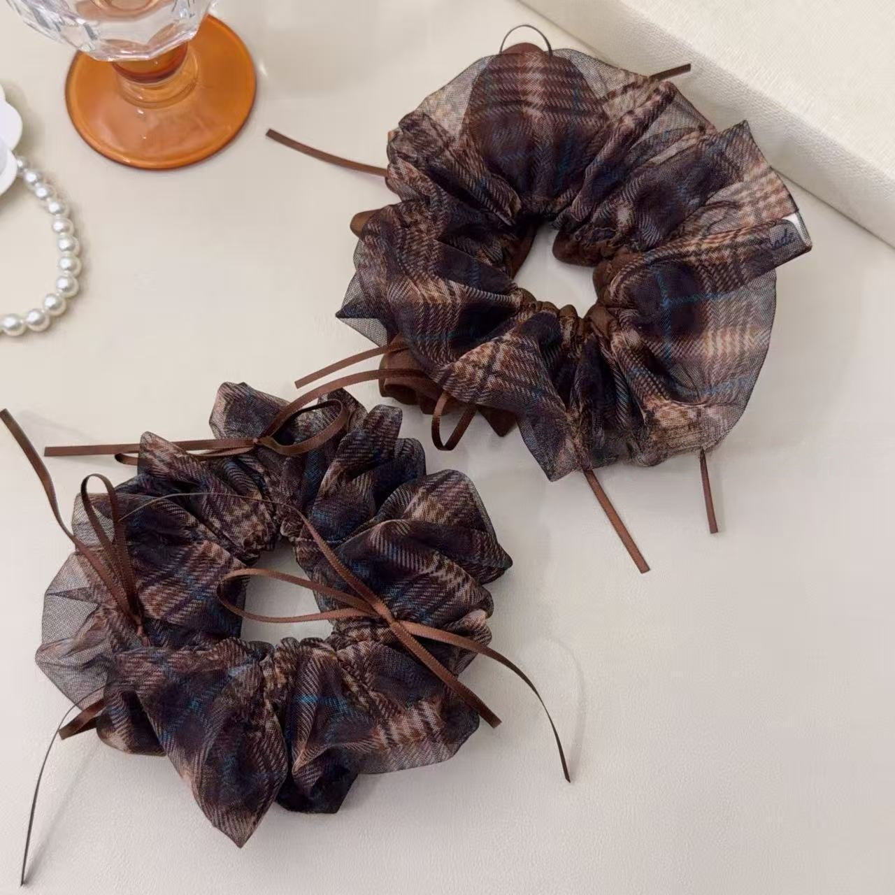 Plaid Preppy Style Organza Checkered Scrunchies In Coffer Color Hair Tie