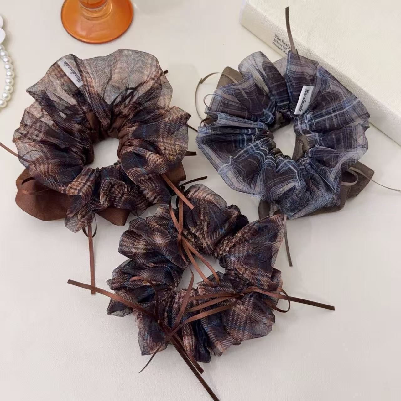 Plaid Preppy Style Organza Checkered Scrunchies In Coffer Color Hair Tie
