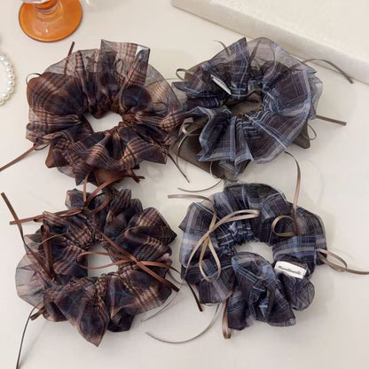 Plaid Preppy Style Organza Checkered Scrunchies In Coffer Color Hair Tie