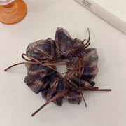 FQ654 Organza Plaid Bow Hair Tie - Single Layer Coffee