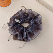 FQ654 Organza Plaid Bow Hair Tie - Double Layer Blue