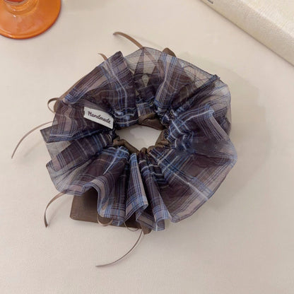 Plaid Preppy Style Organza Checkered Scrunchies In Coffer Color Hair Tie