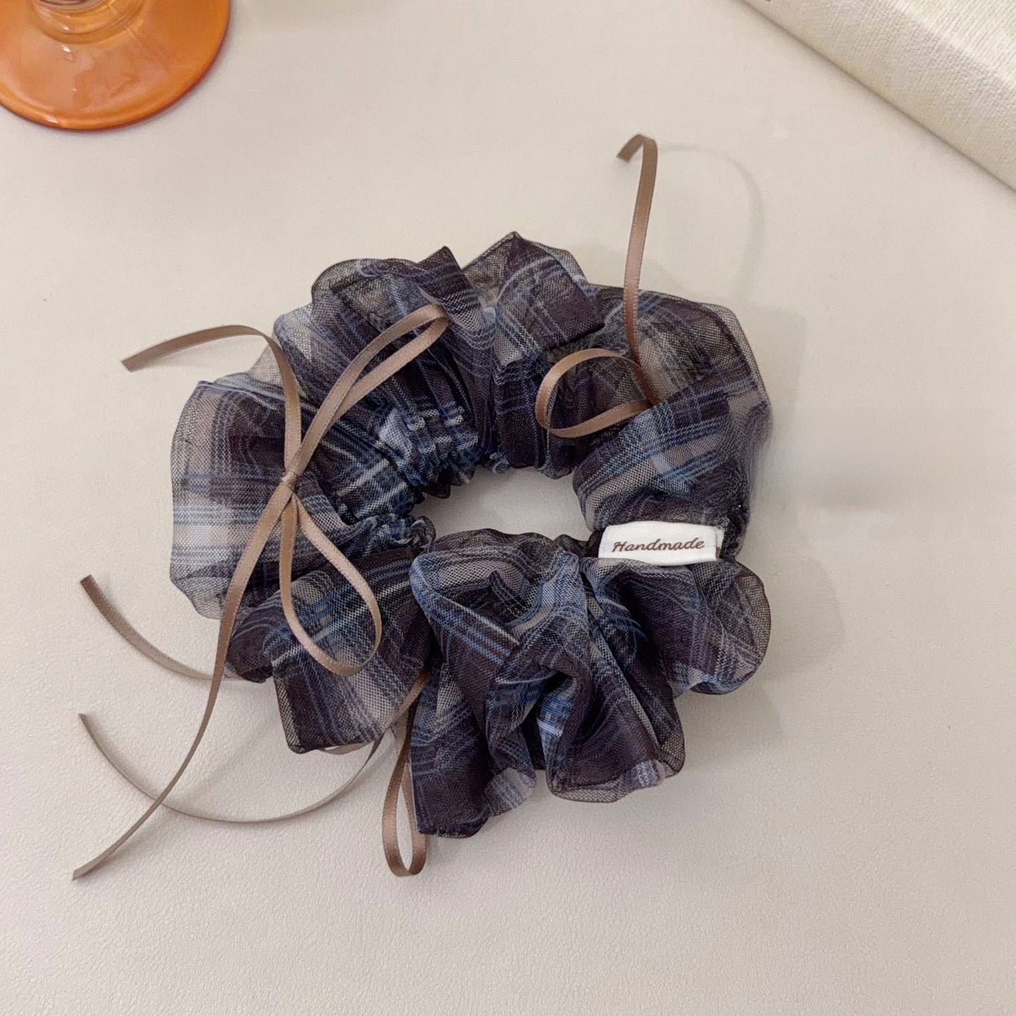 Plaid Preppy Style Organza Checkered Scrunchies In Coffer Color Hair Tie