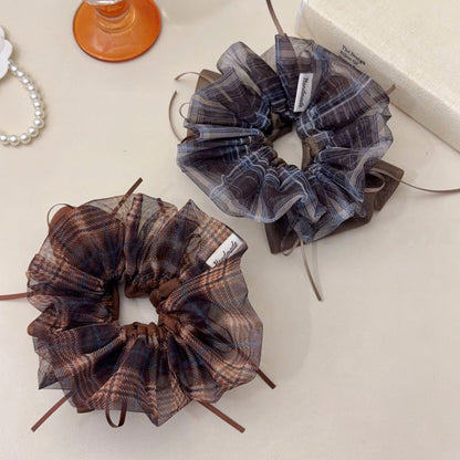 Plaid Preppy Style Organza Checkered Scrunchies In Coffer Color Hair Tie