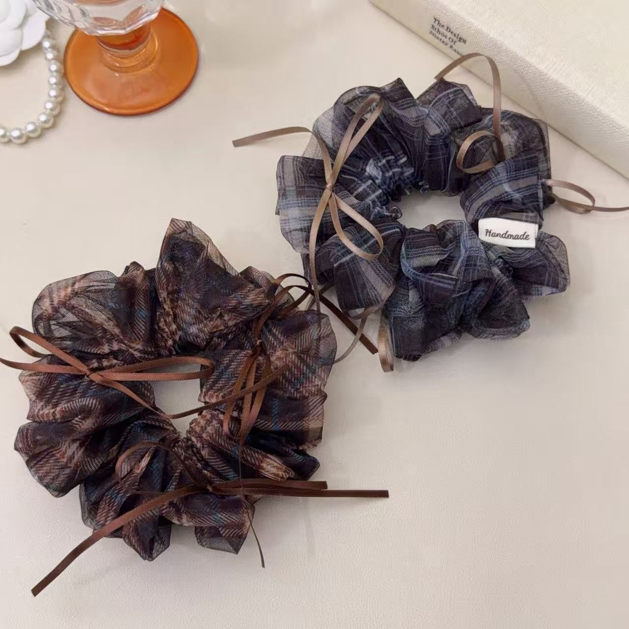 Plaid Preppy Style Organza Checkered Scrunchies In Coffer Color Hair Tie