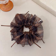 FQ654 Organza Plaid Bow Hair Tie - Double Layer Coffee