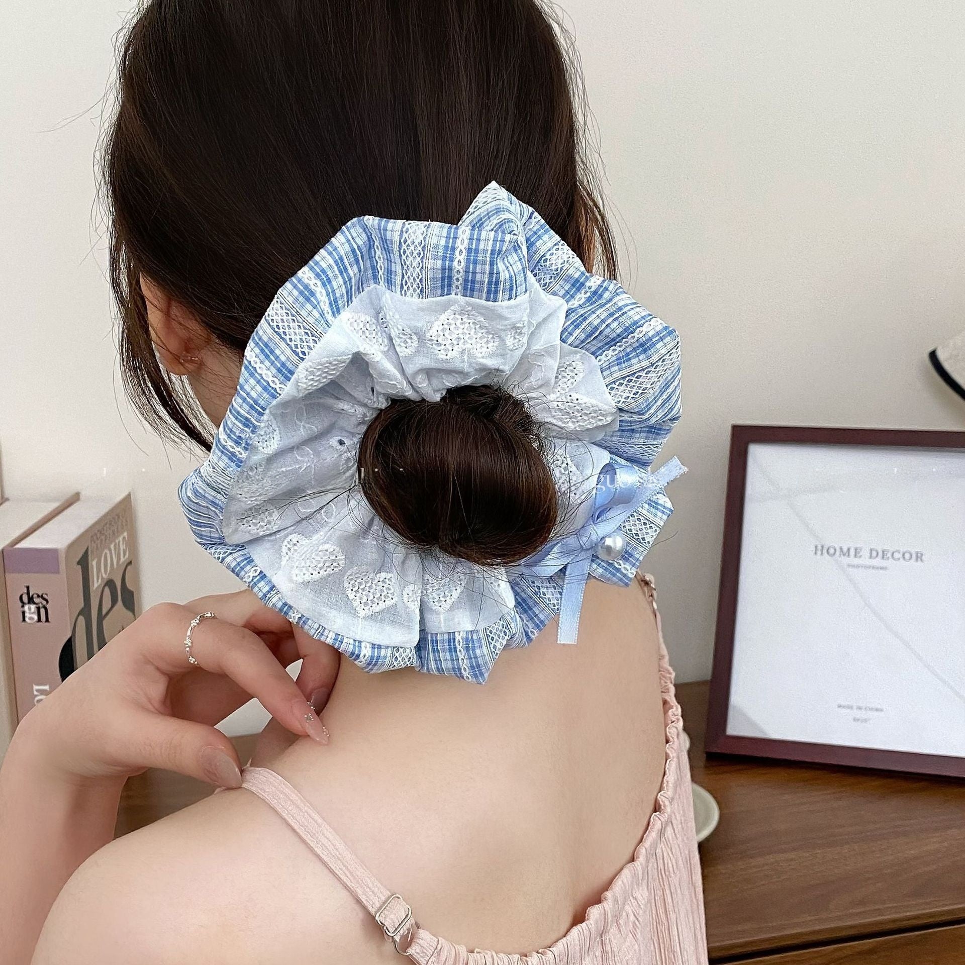 New Style Bow Tie Cloth Hair Scrunchie In Blue Featuring Checkered Pattern