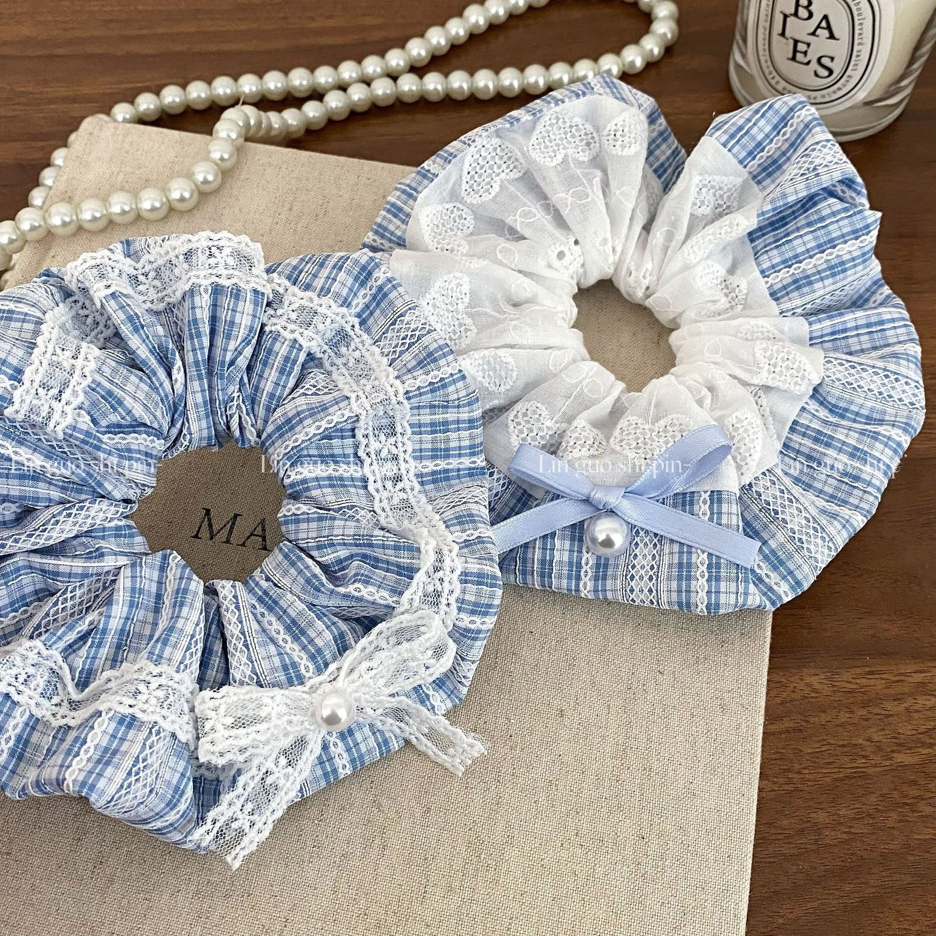 New Style Bow Tie Cloth Hair Scrunchie In Blue Featuring Checkered Pattern