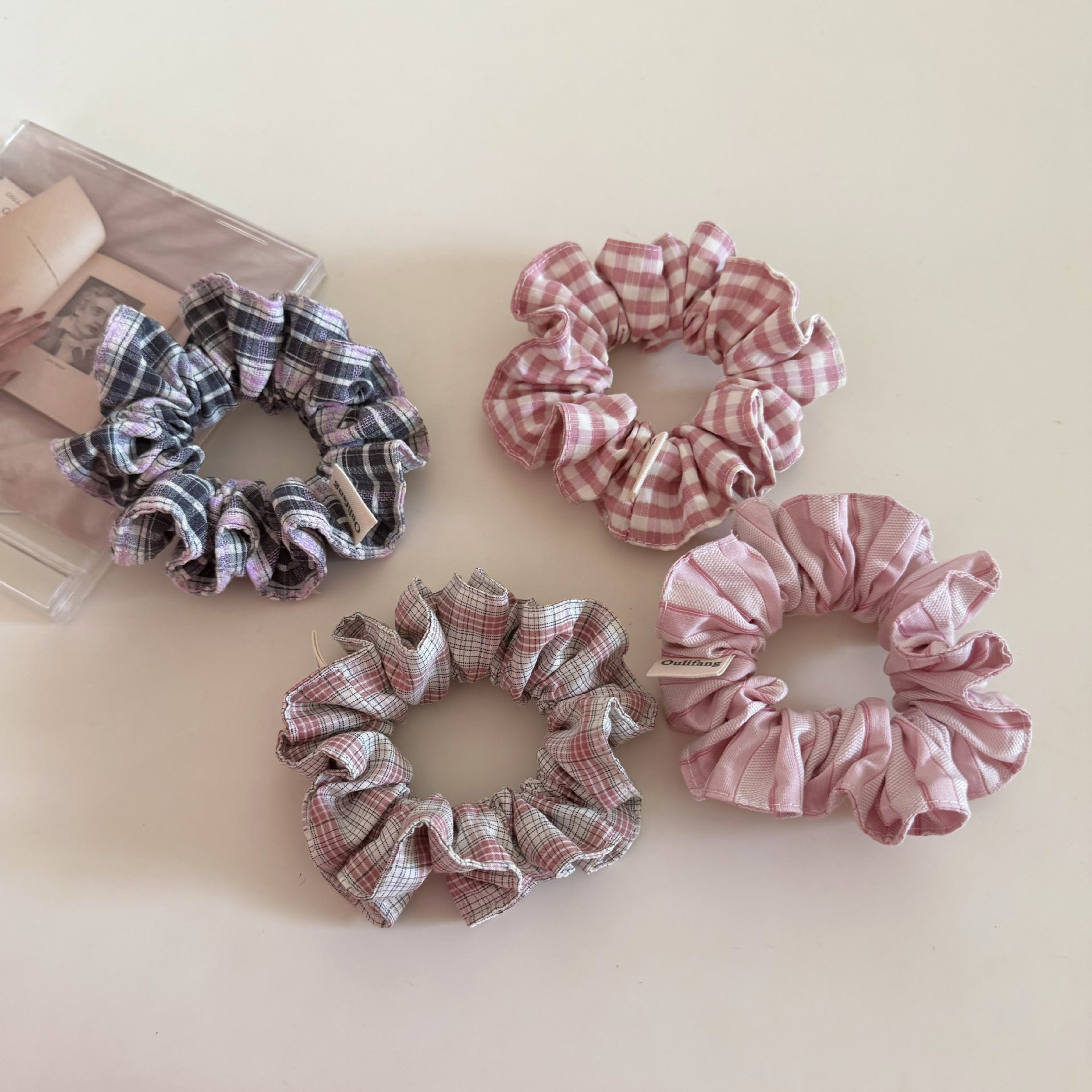Plaid New Style Cloth Checkered Scrunchies In Pink For Stylish Hair Accessories