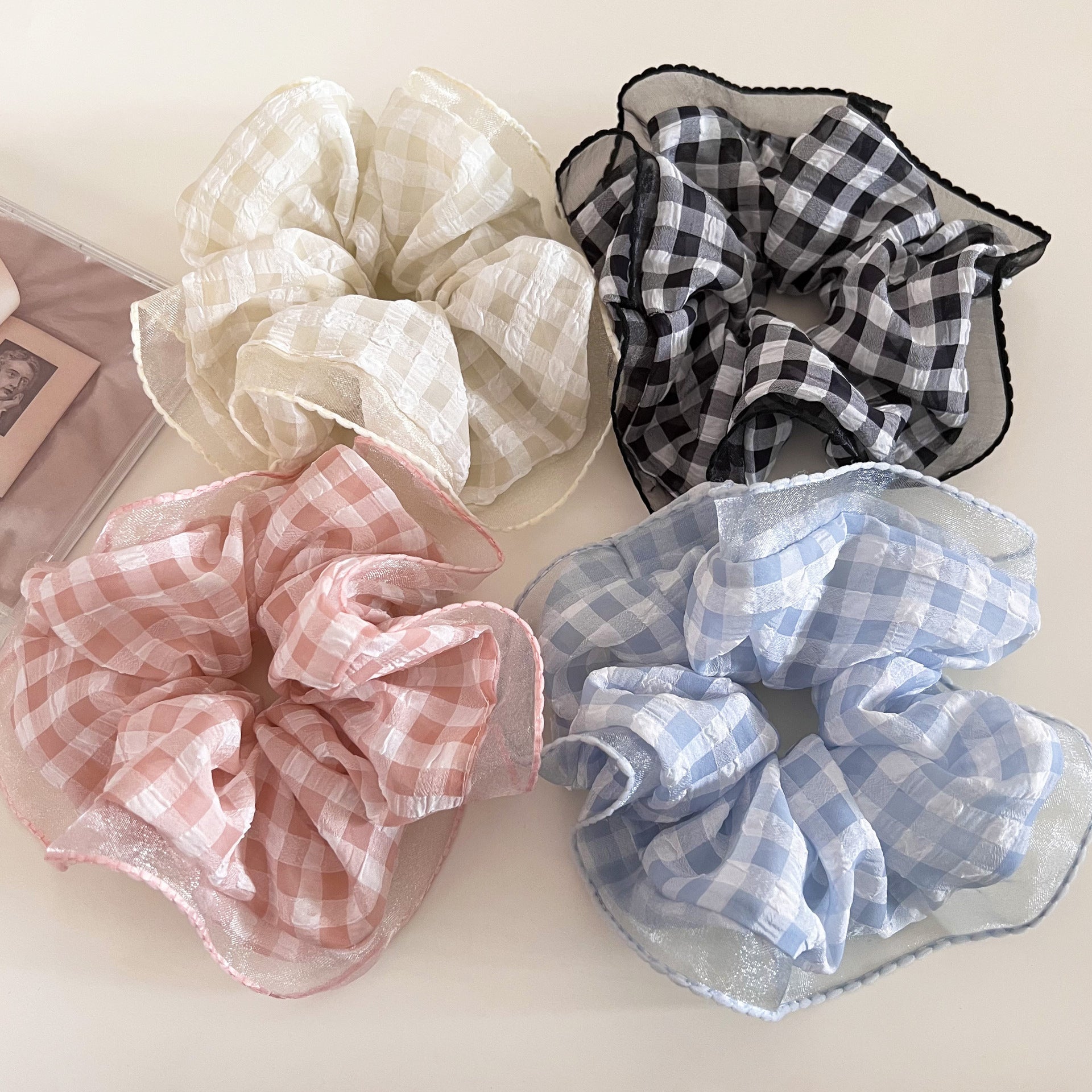 Sweet Plaid Checkered Scrunchies Hair Tie In Black Cloth Material For Stylish Hair Styling
