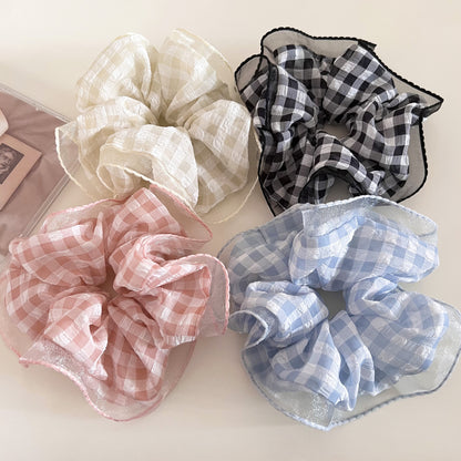 Sweet Plaid Checkered Scrunchies Hair Tie In Black Cloth Material For Stylish Hair Styling