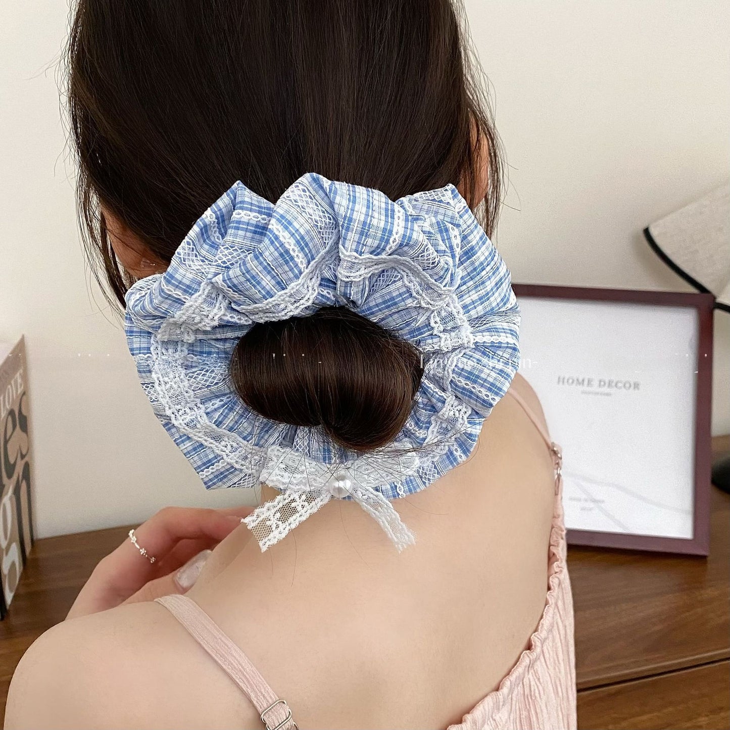 New Style Bow Tie Cloth Hair Scrunchie In Blue Featuring Checkered Pattern