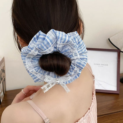 New Style Bow Tie Cloth Hair Scrunchie In Blue Featuring Checkered Pattern