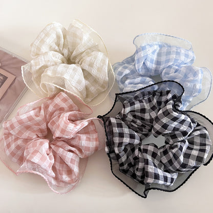 Sweet Plaid Checkered Scrunchies Hair Tie In Black Cloth Material For Stylish Hair Styling