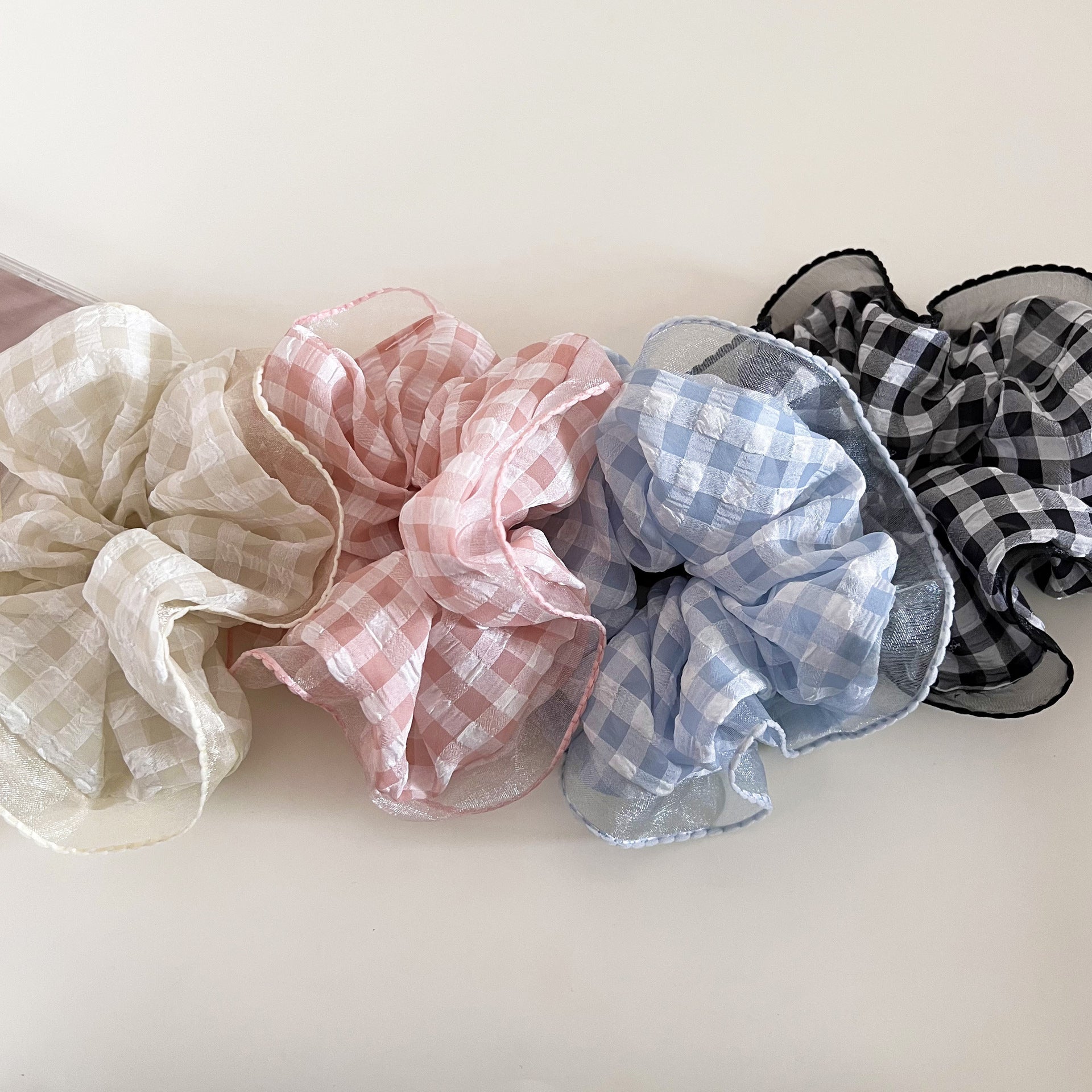 Sweet Plaid Checkered Scrunchies Hair Tie In Black Cloth Material For Stylish Hair Styling