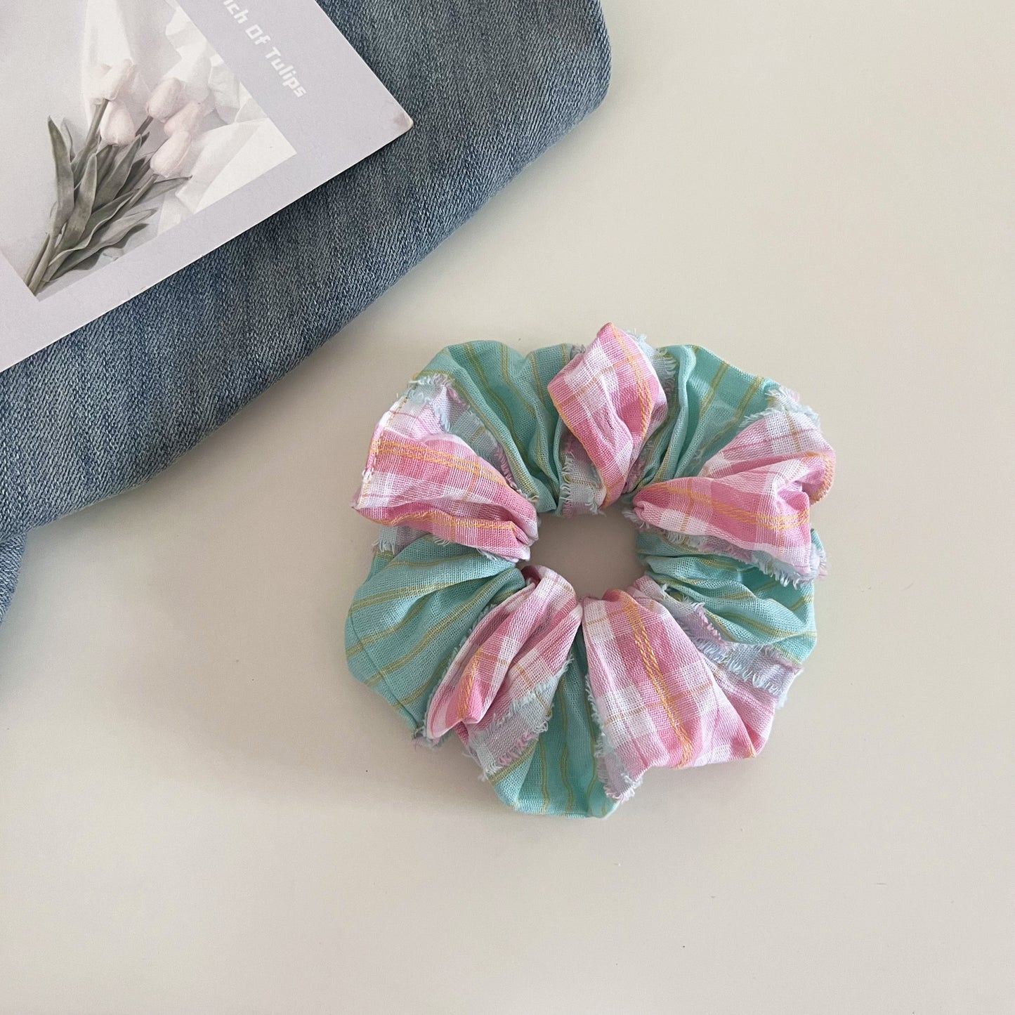 Plaid New Style Checkered Scrunchies In Pink For Stylish Hair Accessories