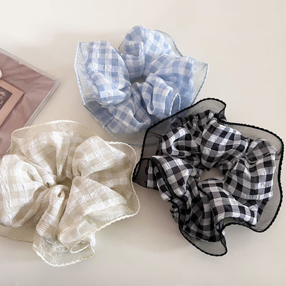 Sweet Plaid Checkered Scrunchies Hair Tie In Black Cloth Material For Stylish Hair Styling