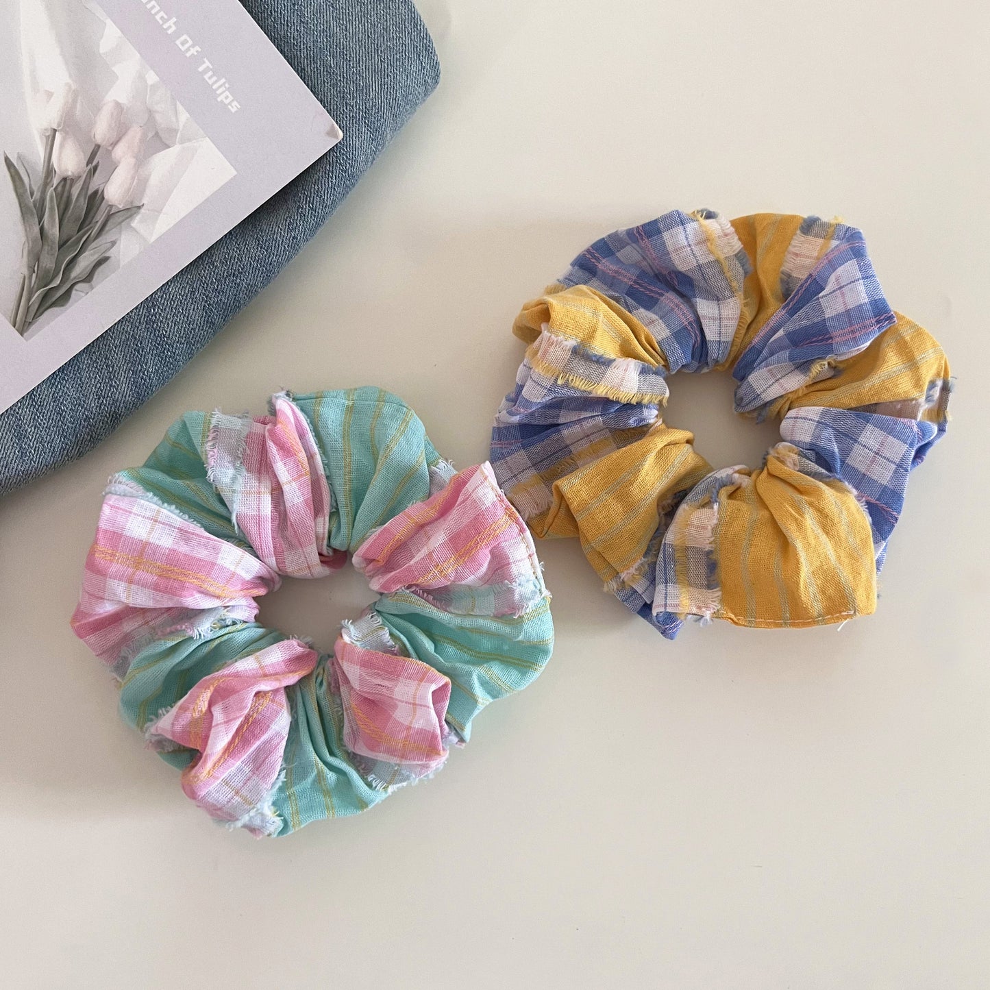 Plaid New Style Checkered Scrunchies In Pink For Stylish Hair Accessories